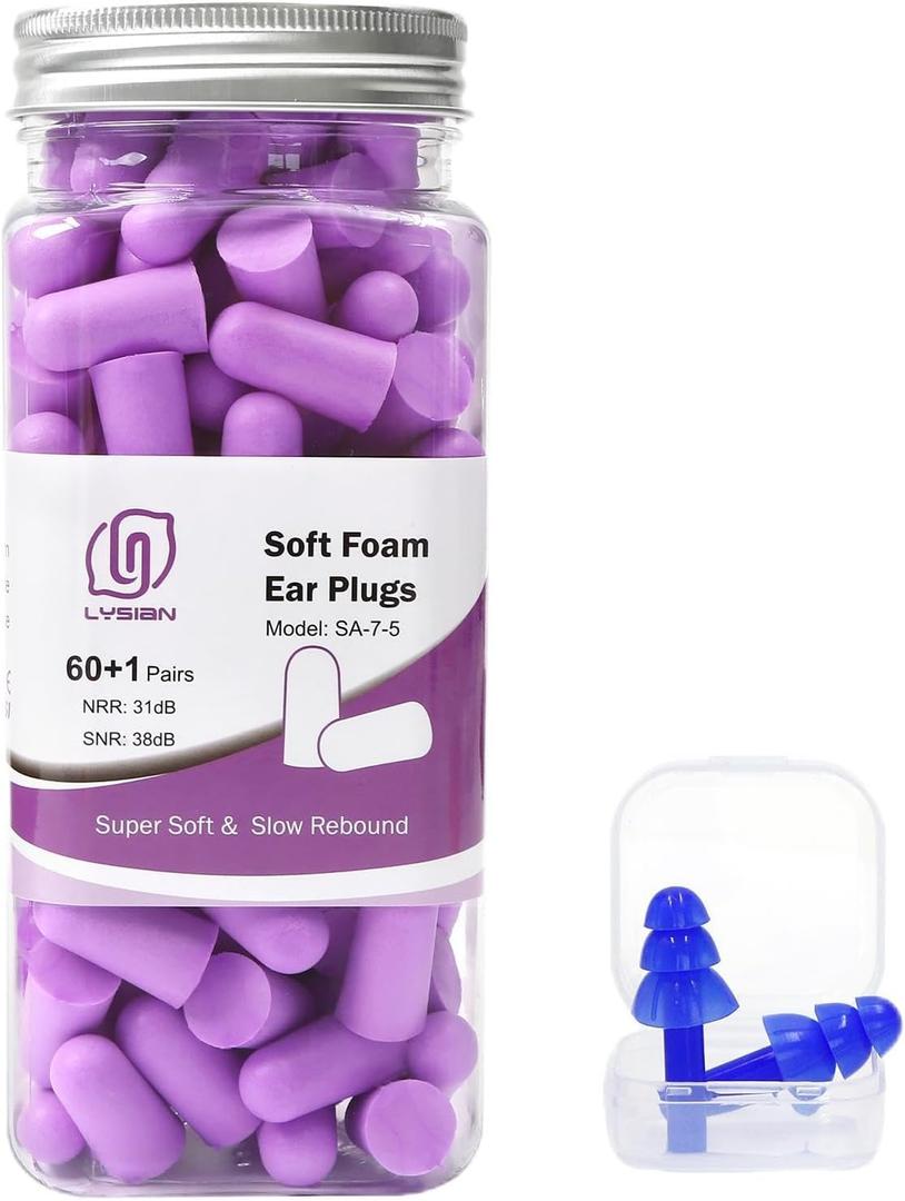LYSIAN Ultra Soft Foam Earplugs Sleep - 38dB SNR Noise Cancelling Ear Plugs for Sleeping, Shooting, Snoring, Work Loud Sound Reduction- 60 Pairs Valued Pack,Purple