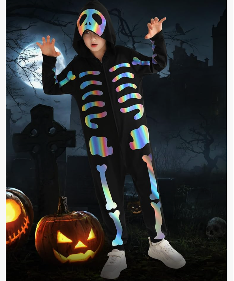 ESHOO Black Halloween Skeleton Costume Kids Girls Boys Hooded Jumpsuit Onesie Halloween Cosplay Outfits, Size L