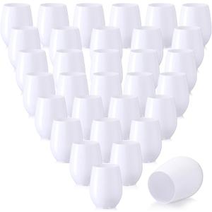 Layhit 32 Pcs White Stemless Wine Glasses Plastic Reusable Unbreakable Whiskey Champagne Drinking Glasses Cups for Wedding Anniversary Mother's Day Birthday Party(10 Oz)