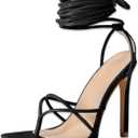 PiePieBuy Women's Lace Up Heeled Sandals Square Flip Flop High Heels Strappy Party Shoes, 8, Black