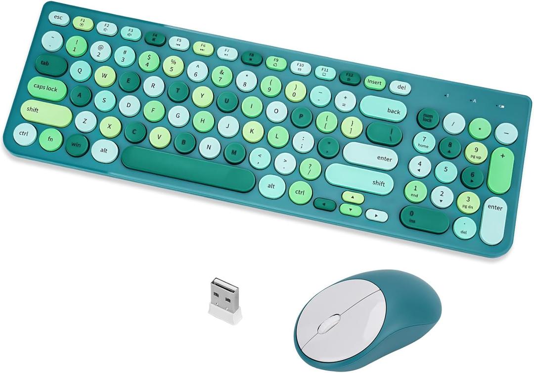 Wireless Keyboard and Mouse Combo, Retro Typewriter Keyboard with Round Keycaps, 2.4GHz USB Cute Wireless Keyboard Mouse for Computer, Desktop (Green)