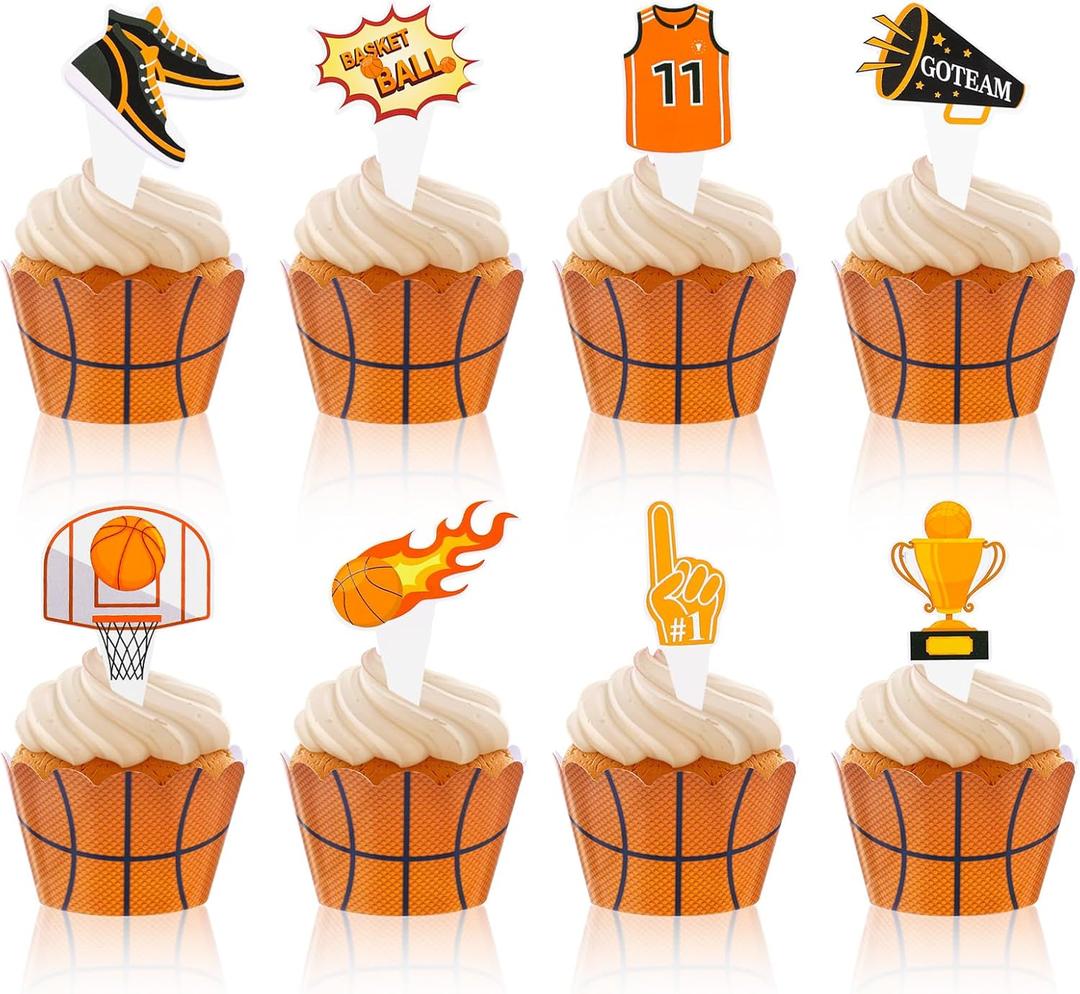 96 Pieces Basketball Cupcake Toppers Wrappers Sports Cupcake Toppers Basketball Cupcake Liners Muffin Case Trays for Sports Theme Baby Shower Birthday Wedding Party Cake Decorations