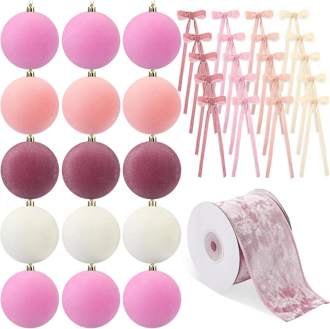 Syhood 46 Pcs Velvet Christmas Ornaments - 15 Pcs 3.15" Large Velvet Balls, 30 Flocked Bows, 1 Ribbon, Gradient Pink Xmas Tree Hanging Decoration for Valentine's Day Vintage Xmas Holiday Decor
