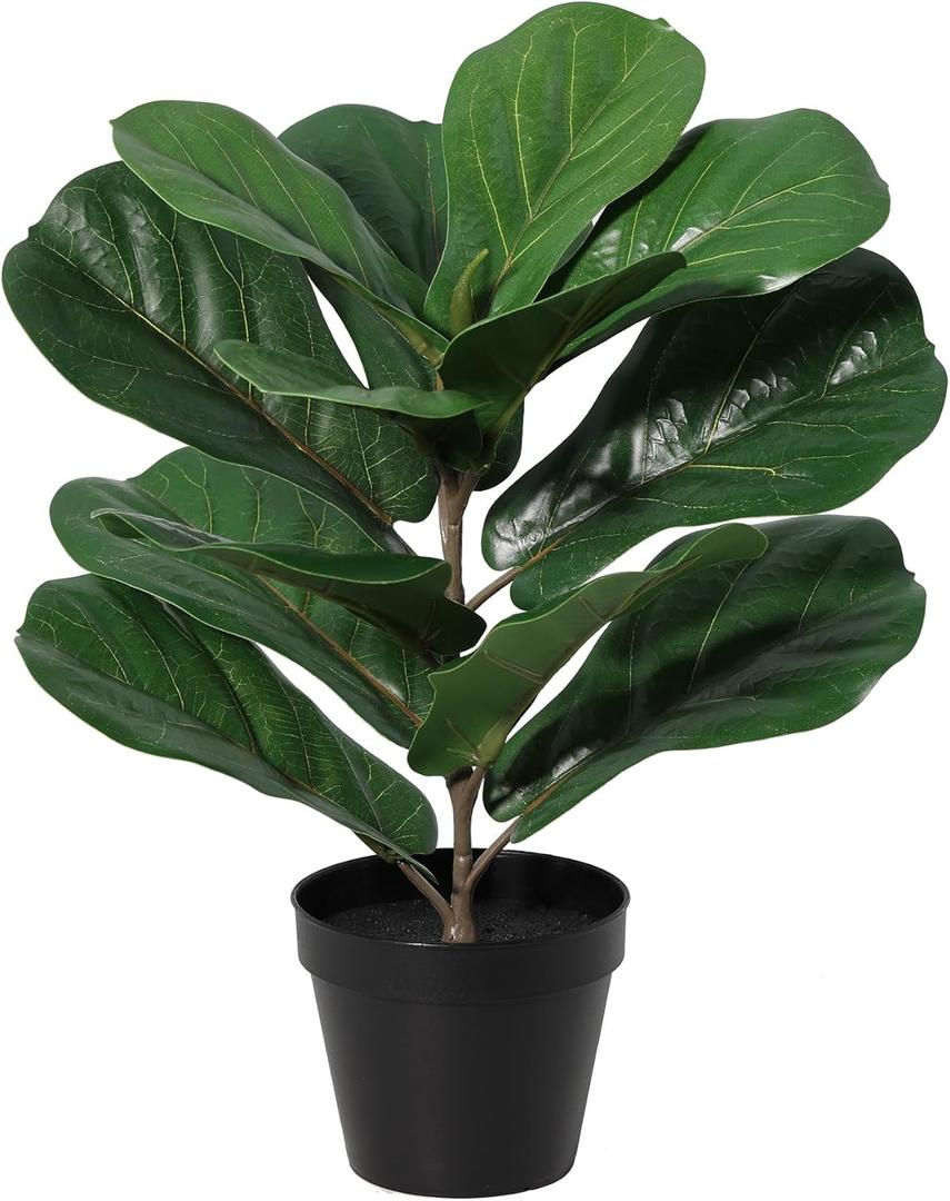 Artificial Small Fiddles Leaf Fig Tree Potted Plant,Realistic Faux Tree Fake Ficus Lyrata Indoor Plants 16inch for Home,Office,Garden,Living Room Decoration with Black Pot
