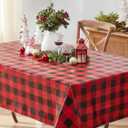 Newbridge Holiday Buffalo Plaid Vinyl Christmas Tablecloth with Flannel Backing, Red & Black Rustic Cottage Check, Wipe Clean, 60 x 120 Inch Rectangle
