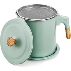 Lyellfe Bacon Grease Container with Strainer, 1.4L/48 Oz Stainless Steel Oils Filter Pot for Kitchen, Green Cooking Oil Storage Holder for Used Cooking Oils, Fat and Frying Oil