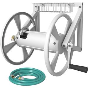Artigarden Triangle Wall Mounted Garden Hose Reel, Outdoor Heavy-Duty Water Hoses Holder Winder, Holds 125 Ft of 5/8-Inch Hose, with 3.9 ft Leader Hose, Brass Fitting, Storage Basket for Yard, White
