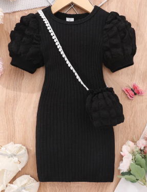 WDIRARA Toddler Girl's Mock Neck Puff Short Sleeve Ribbed Knit Bodycon Pencil Dress (4T, black)