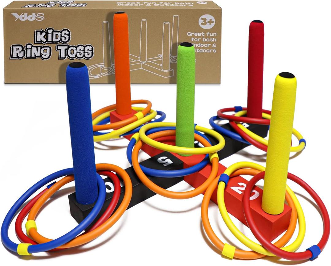 Ring Toss Game for Kids, Indoor & Outdoor Game for Family and Adults with 5 Poles, 2 Bases and 16 Rings in 4 Colors, Soft Foam Toy for Kids Backyard Ring Toss Fun (BLACK & RED)
