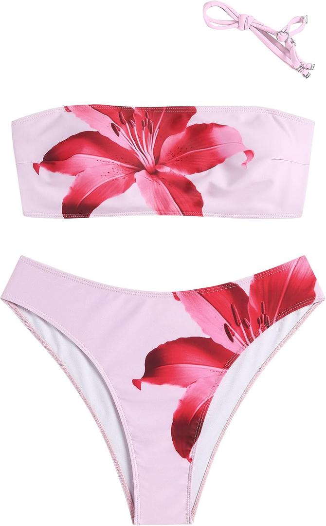 ZAFUL Women's High Cut Bandeau Bikini Set Strapless Solid Color 2 Pieces Bathing Suit Swimsuit (Pink), Small