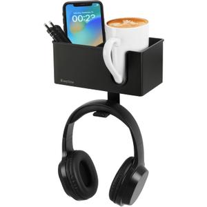 ROSLINE 3-in-1 Clip-on Desk Organizer - Pen, Headphone, and Cup Holder for Expanding Office and Gaming Space (Black)