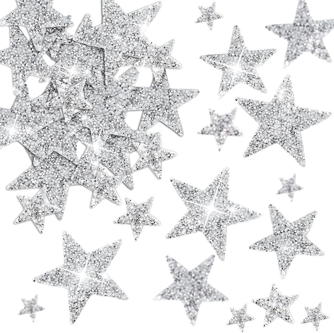 Geosar 60 Pcs Iron on Star Patches Star Shaped Rhinestone Appliques Adhesive Glitter Patches Rhinestone Appliques Embellishments for DIY(Silver)