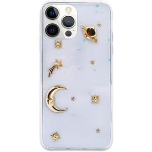 2 x Bonitec Compatible with iPhone 14 Pro Max Case 3D Clear Luxury Moon Star Universe Silicone Bedazzled Sparkly Transparent Glitter Anti-Scratch Non-Slip Protective Fashion for Women and Girls (Gold)