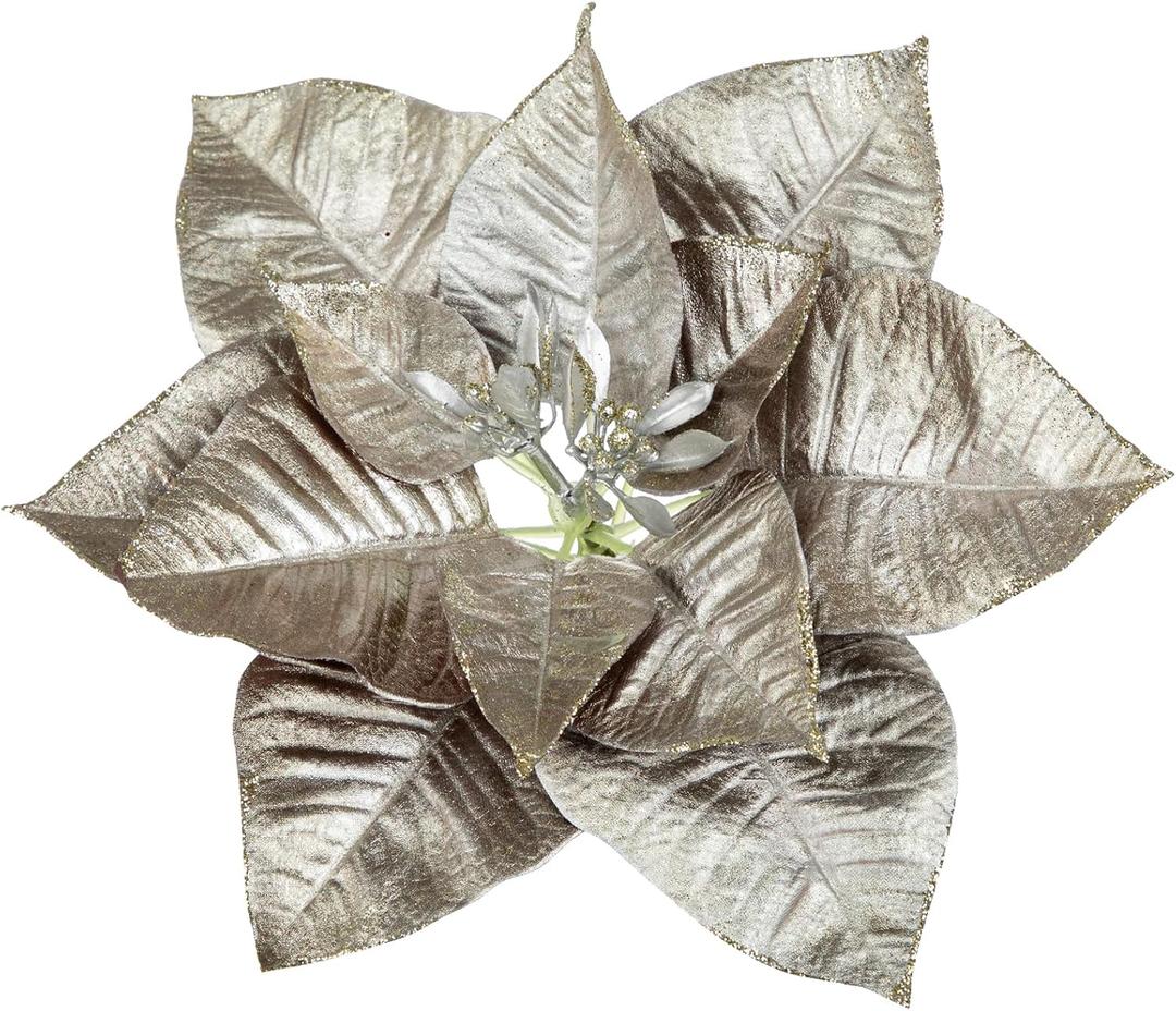 Briful Silver Poinsettia Christmas Flowers Stem – 28.3'' Long Stem Artificial Poinsettia Pick with Onion-Skin Fabric Petals, Large Faux Holiday Flower for Xmas Tree Decor, Centerpieces, Set of 3