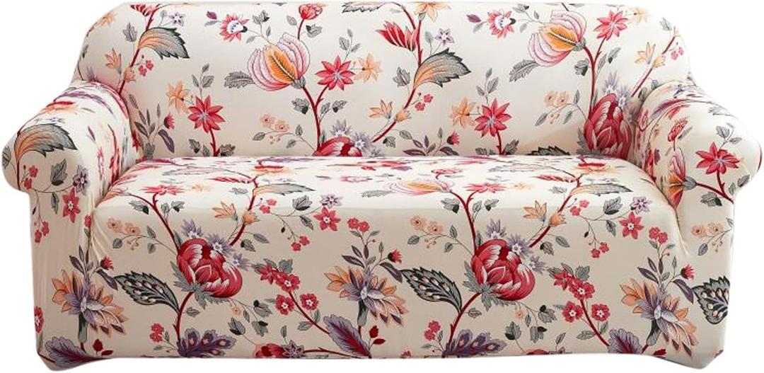 Qubjus Stretch Sofa Cover Printed Couch Cover Patterned with One Separate Cushion Cover for 3 Cushion Couches Sofas Washable Elastic Universal Furniture Protector(Large,Blooming Flower)