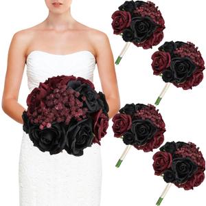 DIYDOFUN Wedding Bridesmaid Bouquets, Artificial Silk Flowers Arrangement for Ceremony Marriage Proposal Party Anniversary Decorations (Burgundy & Black, Set of 4 Bouquets)