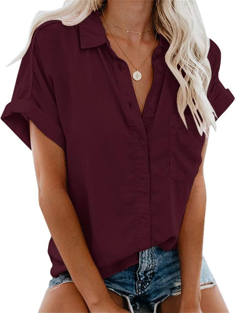 APRAW Womens Casual Button Down Short Sleeve Shirts 2025 Summer Fashion Cotton Linen Shirt Top Blouses with Pocket (Medium, Wine Red)