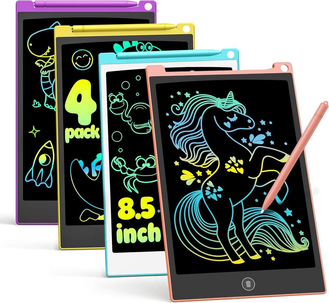TECJOE 4 Pack LCD Writing Tablet, 8.5 Inch Colorful Drawing Board, Kids Travel Games Activity Learning Toys, Birthday Gifts for 3-8 Year Old Boys Girls Toddlers Preschooler (Blue & Pink & Yellow & Purple)