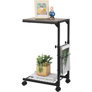 BTY C Shaped Side Table Adjustable Height End Table for Small Spaces C Table with Wheels Couch Table with Storage Laptop Side Table for Sofa Living Room Bedroom (Grey)