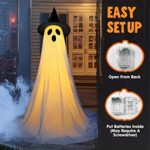 JOYIN 1Pack 47'' Halloween Decorations Outdoor Standing Ghost, Light Up Spooky Ghost with Witch Hat & Remote Control, Glowing Halloween Decor for Yard Porch Lawn Garden Party Supplies Haunted House