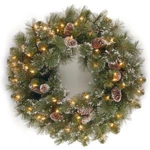 National Tree Company Pre-Lit Artificial Christmas Wreath, Green, Glittery Pine, White Lights, Decorated with Pine Cones, Frosted Branches, Christmas Collection, 24 Inches