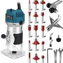 110V Router Tool, 800W Wood Trim Router, 30000RPM Electric Hand Trimmer, Palm Router with 15x 1/4” Router Bits & 2x Trim Guides for Woodworking Tools, Adjustable Base Height w/Scale