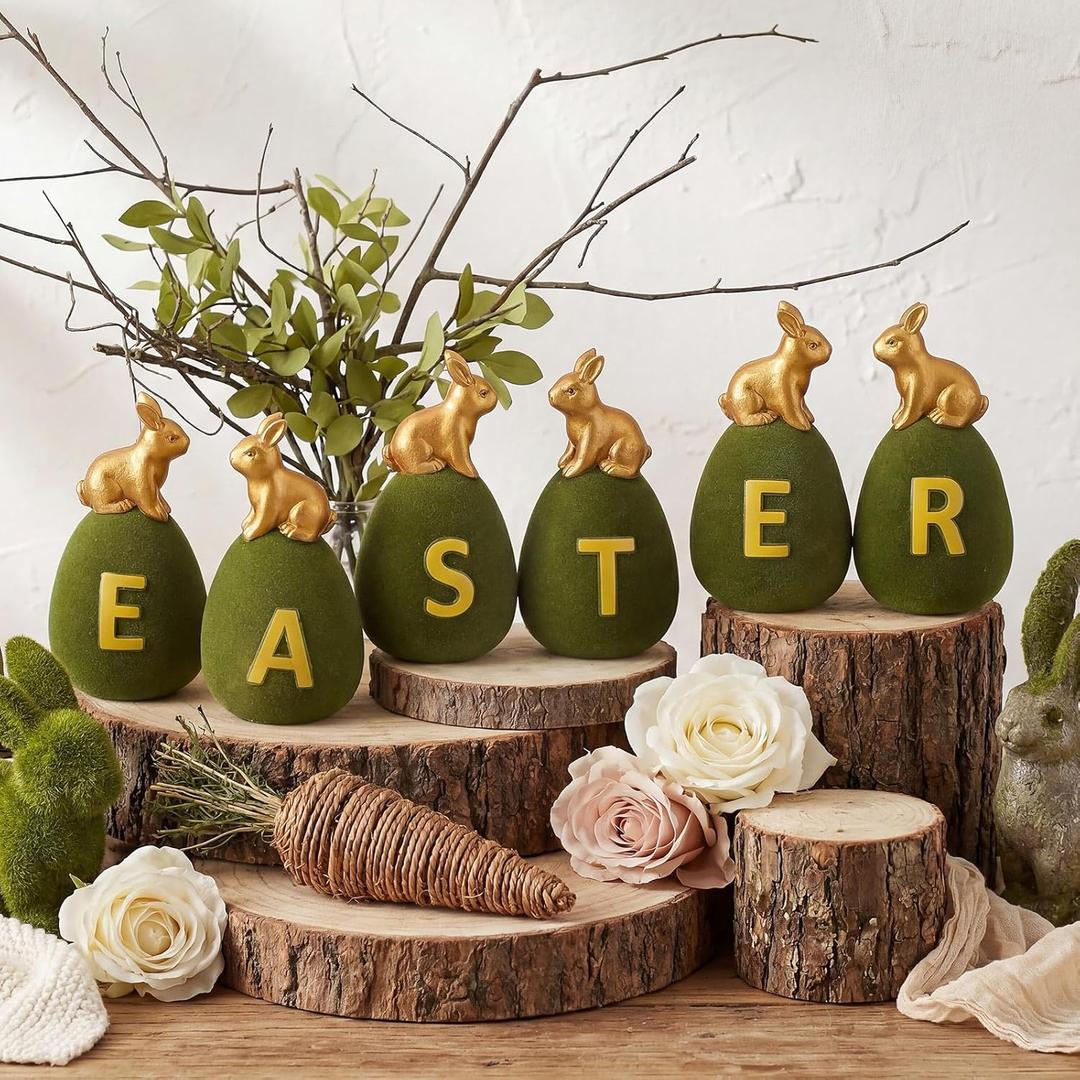 Threehoney 6 Pcs Easter Moss Bunny 3.5 Inch Green Bunny Eggs Spring Decor Artificial Flocked Moss Eggs Cute Rabbit Sit on Figurines for Spring Easter Basket Home Office Table Shelf Party Decor(Gold)
