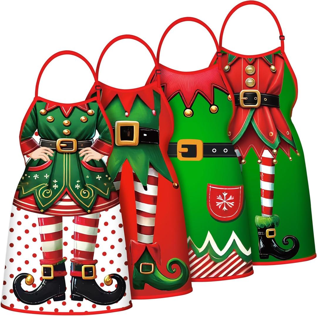 90shine 4PCS Christmas Aprons for Women: Kitchen Baking Cooking Apron, Adult Costume Accessories Xmas Holiday Decorations, White Elephant Gag Gifts (Elf)