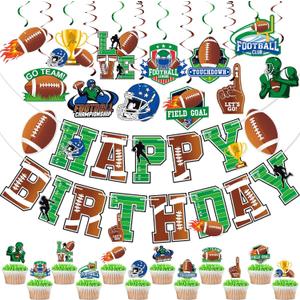 26Pcs Football Happy Birthday Banner, Football Cupcake Toppers and Hanging Swirl Decorations, Pre-strung Football Birthday Decorations Tailgate Party Decorations