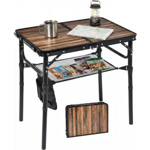 Small Folding Camping Table, 2ft Portable Picnic Table Aluminum 24" x 16" Folding Table, 3 Adjustable Heights Portable Lightweight Table Dining Table for RV, Picnic, Beach (Wood Grain)