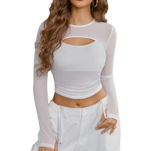 Avidlove Women's Sheer Mesh Long Sleeve Crop Top y2k Sexy Tee Blouse Cutout Clubwear with Thumb Holes (White), Small