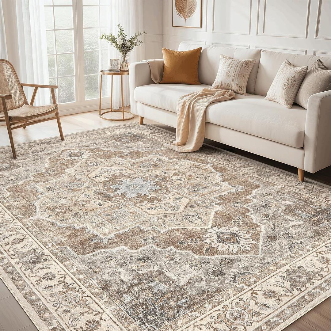 9x12 Washable Area Rug: Vintage Neutral Soft Non Slip Thin Large Floor Carpet for Living Room Bedroom Kitchen Dining Room Home Office Farmhouse Indoor - Beige Brown