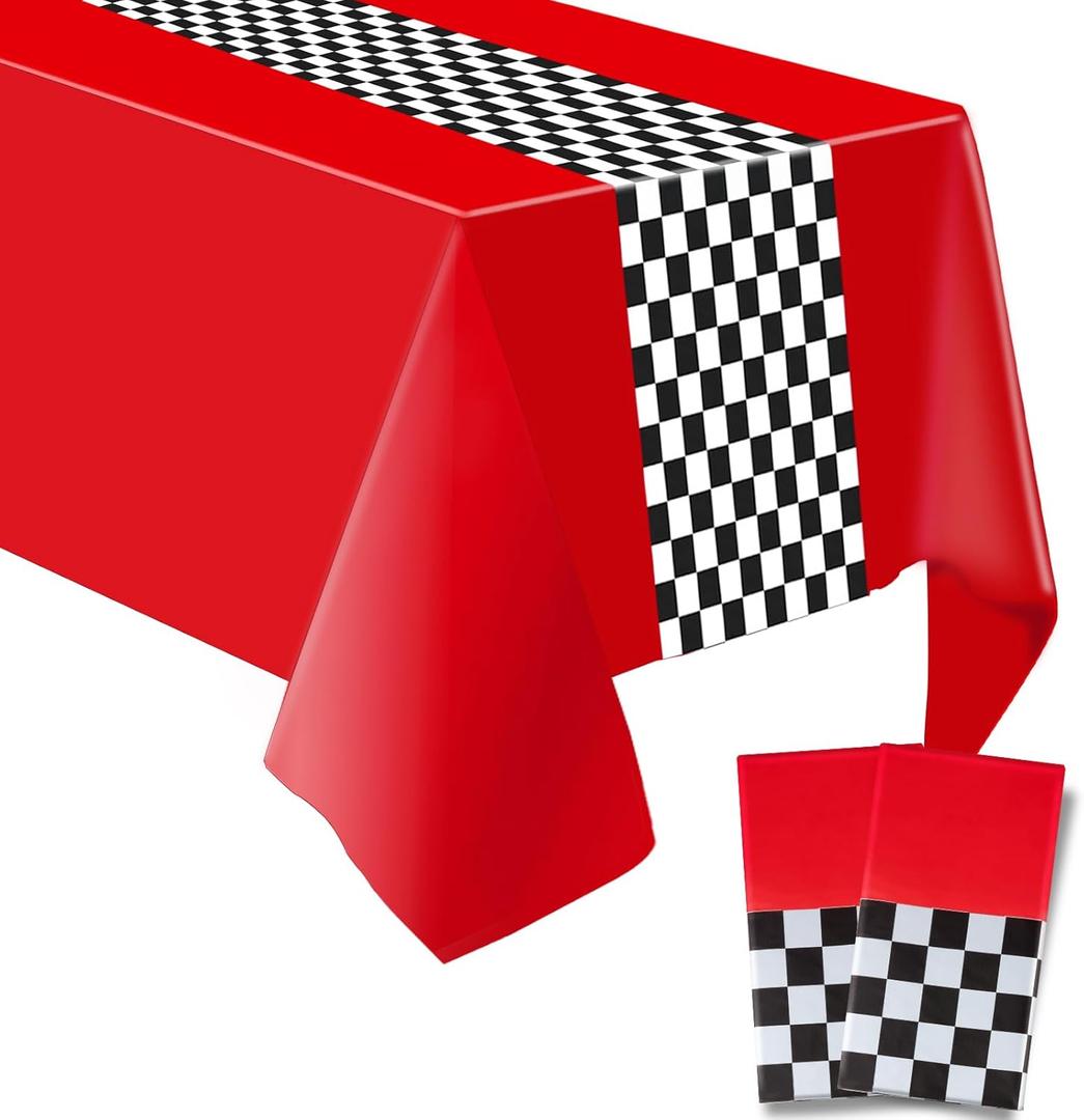 2PCS Race Car Birthday Party Decorations, Red and White Checkered Tablecloth Race Car Table Cloth for Kids Boys Car Themed Party Table Decorations. 54 X 108 Inch(Red) (A-Red)