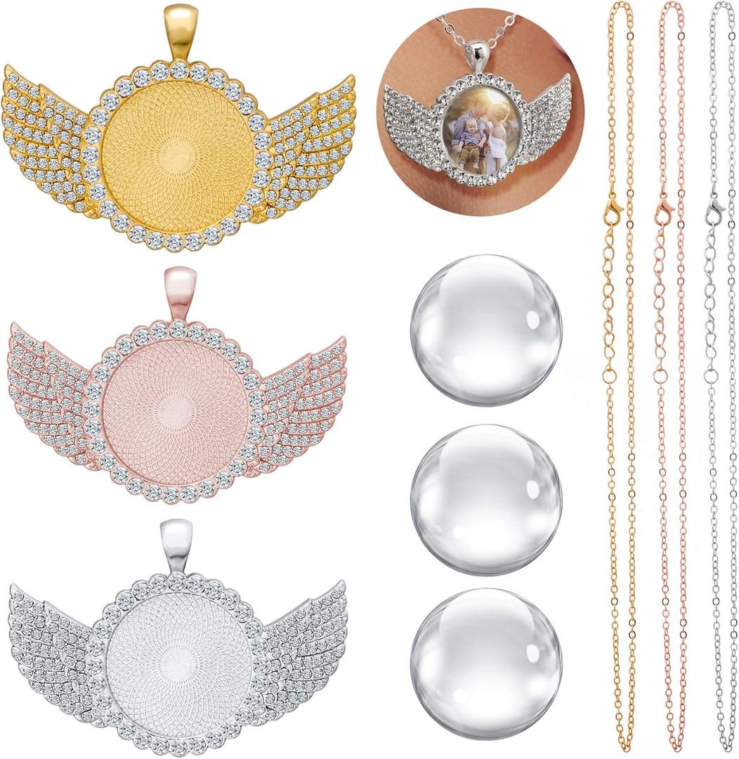 OIIKI 9pcs Rhinestone Wing Shape Bezel Pendant Trays with Round Glass Cabochons and Lobster Clasps Chains Set, Wing Rhinestone Tray for DIY Jewelry Making, Necklace (Gold/Sliver/Rose Gold)