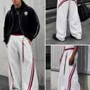Vamtac Men's Baggy Sweatpants Y2K Stripes Wide Leg Barrel Pants Double Elastic Waistband Casual Lounge Trouser (White, M)