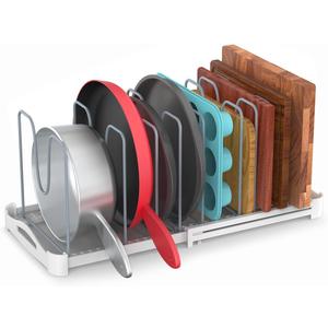 EVERIE Adjustable Bakeware Organizer Pot Lid Holder Rack for Pots, Cake Molds, Cutting Boards, Mats, Cookware, GS02SS, 7.7'' Deep by 12.6'' to 21.5'' Wide
