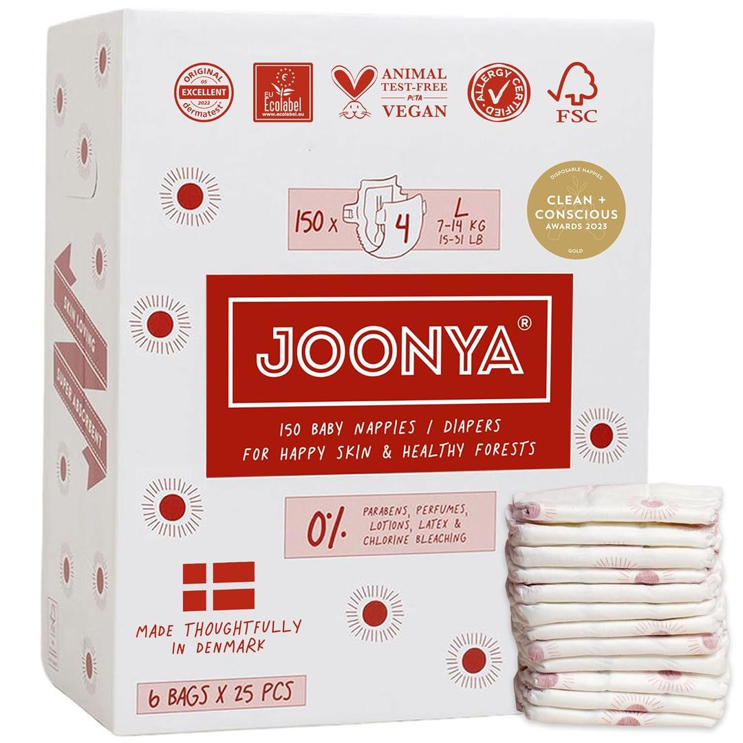 Joonya Baby Diapers, Size 4 L (15-31 lb) - 6 Bags of 25 (150) - Non Toxic, Eco-Friendly, High Absorbency, Overnight Use, Ultra Slim & Soft - Made in Denmark
