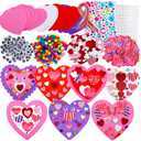JULBEAR 700 Pcs Valentine's Day Foam Heart Ornaments Craft DIY Kit with Foam Hearts Self-Adhesive Stickers Glitter Pom-poms Wiggle Googly Eyes Satin Cords for Kids Valentine Decoration Craft Supplies