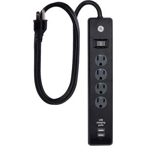 GE 4-Outlet Surge Protector, 2 USB Ports, 3 Ft Power Cord, 450 Joules, Twist to Lock Safety Covers, Automatic Shutdown Technology, Circuit Breaker, UL Listed, Black, 36189