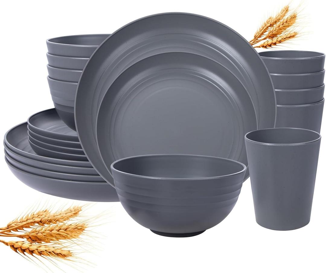 LIYH 16 Pcs Grey Wheat Straw Dinnerware Sets Unbreakable Dinnerware Sets for 4 Plates and Bowls Set Plastic Plates Reusable Straw Tableware Dish Set for 4 Include Plate Bowl Cup (Gray)