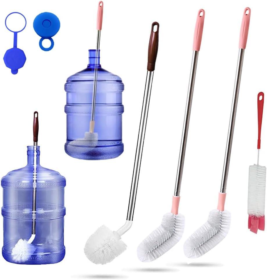 Bottle Brush, 3 Pack Long Handled Bucket Brushes with 1 Smaller Bendable Bottle Brush and 2 Water Jug Caps, Stiff Nylon Bristles, Suitable for Cleaning 1 to 5 Gallon Buckets, Glassware, Mugs