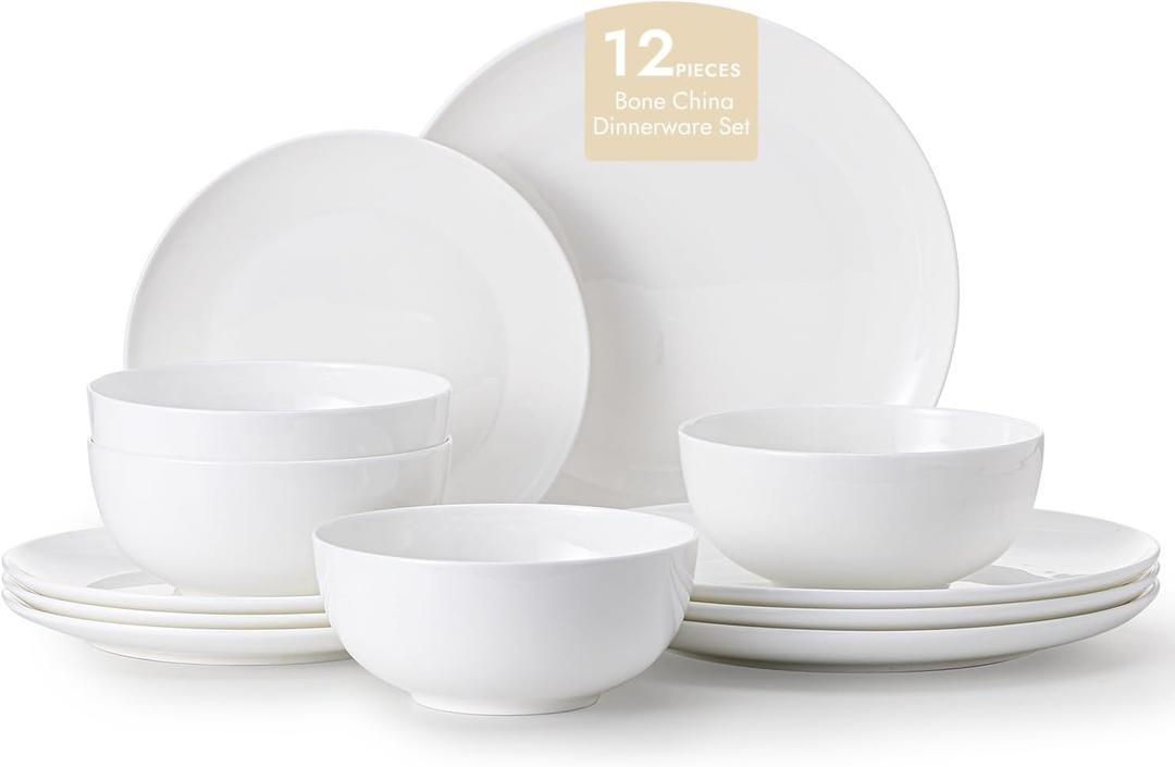 KINGSTONE 12-Piece Bone China Dinnerware Set for 4, Lightweight Porcelain Round Plates and Bowls Set, Durable Scratch Resistant Ceramic Dinner Set, Microwave & Dishwasher Safe, Ivory White