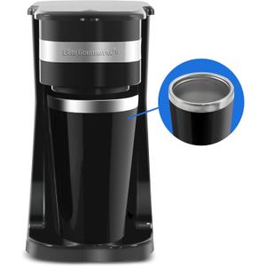 Elite Gourmet EHC111A Personal Single-Serve Compact Coffee Maker Brewer Includes 14Oz. Stainless Steel Interior Thermal Travel Mug, Compatible with Coffee Grounds, Reusable Filter, Black