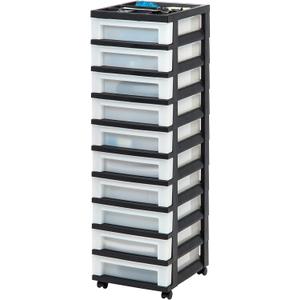 IRIS USA Plastic Drawer Storage Organizer Rolling Cart, with Wheels Casters, 10-Drawers, for Classroom Art Craft Supplies Dresser Closet Bathroom Laundry Room, Black/Pearl