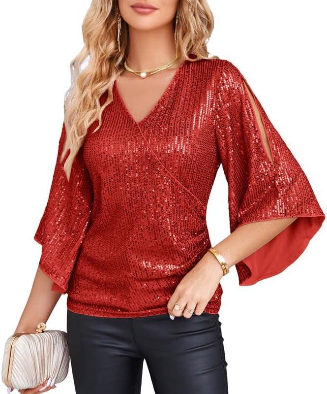 GRACE KARIN Womens Sparkly Sequin Tops,3/4 Sleeve Glitter Party Dressy Blouse,V-Neck Disco Evening Club Concert Shirt (Medium, Red)