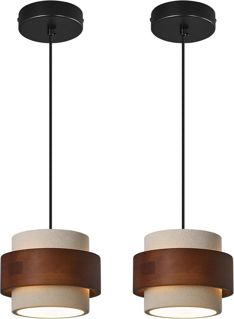 Modern Cement Pendant Light Fixture,Concrete Pendant Lights with Wood Accent,Vintage Farmhouse Chandelier for Kitchen Island Dining Room Living Room Bedroom Restaurant Cafe(White 2-Pack)