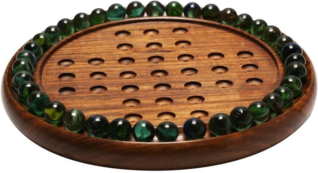 Wooden Solitaire Board Game  10-Inch Marble Strategy Board with 33 Balls  Classic Solo Game for Adults & Family