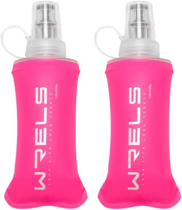 WRELS TPU Soft Flask Lightweight Portable Reusable Water Bottle,BPA Free Collapsible Flask for Hydration Pack in Running Hiking Cycling and Marathon, 150ml/5.07oz-2 Pack-Pink