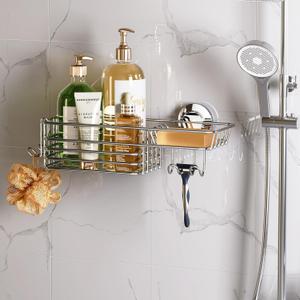 LEVERLOC Shower Caddy Suction Cup, Organizer with Hooks & Soap holder for Inside Shower, Removable Bathroom Shelf (Silver)
