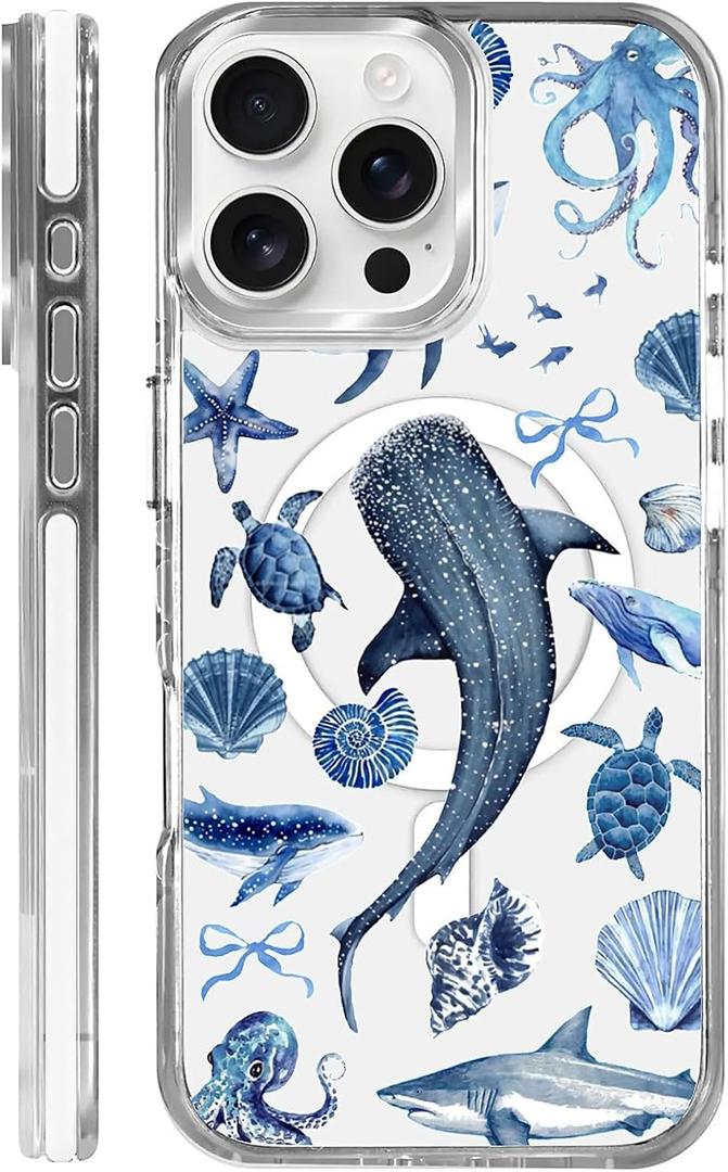 for iPhone 16 Pro Case,Compatible with MagSafe,The Transparent TPU Silicone Protects The Phone Case from Drops, Slips and Fingerprints.Blue Ocean Whale Shark Octopus Turtle Collage